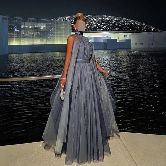 Dimple High-Neck Gray A-Line Evening Dress