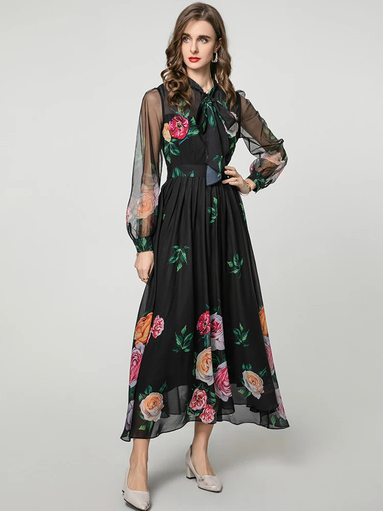 Noah Lace-up Collar Lantern Sleeve Floral Print Elegant party Dress