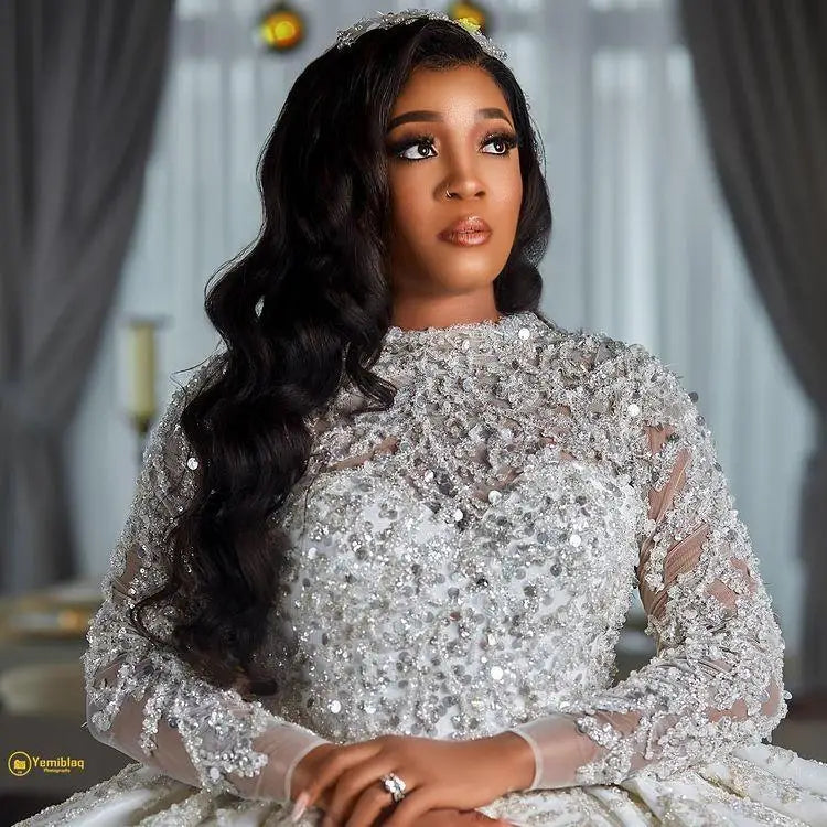 Jane Luxurious Arabic Style A Line Wedding Gowns Long Sleeves Plus Size Puffy Train Princess Sparkly Sequins Bridal Party Dress