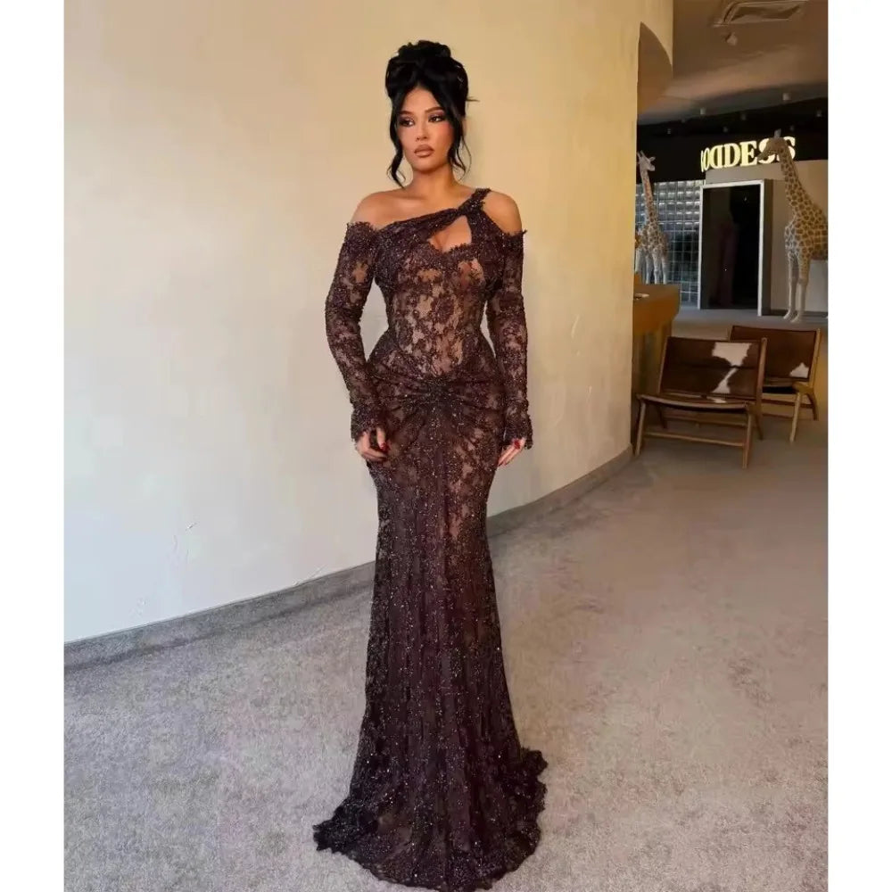Elise Black Women Evening Dresses Lace Long Sleeves Prom Gowns