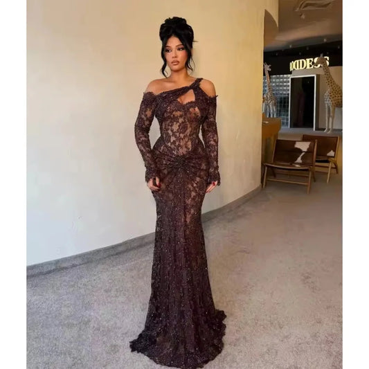Elise Black Women Evening Dresses Lace Long Sleeves Prom Gowns