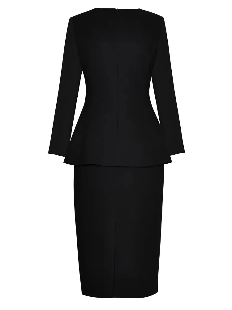 Hanna Autumn Contrasting Colors Suit Women Square Collar Long Sleeve Tops+ Pencil Skirt Two-Piece Set