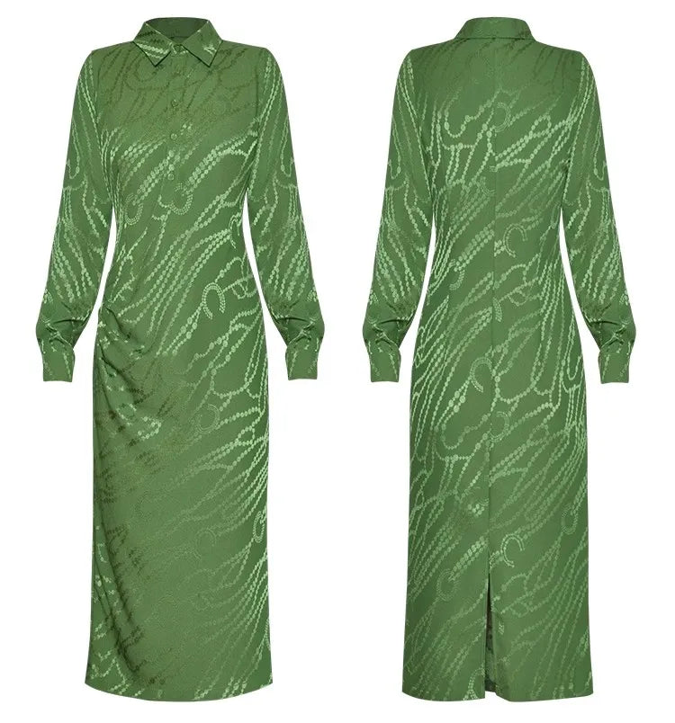 Alora Turn-down Collar Long Sleeve Folds Pockets Vintage Single Breasted Dress