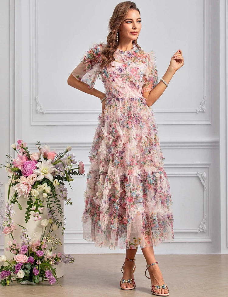 Noor Bohemian Floral Print Net Yarn Cascading Ruffle Sexy Dress