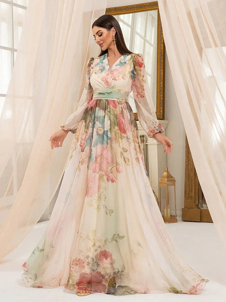 Tilie Cross Fashion Casual V-Neck Lantern Sleeve Flower Print Long Maxi Dress