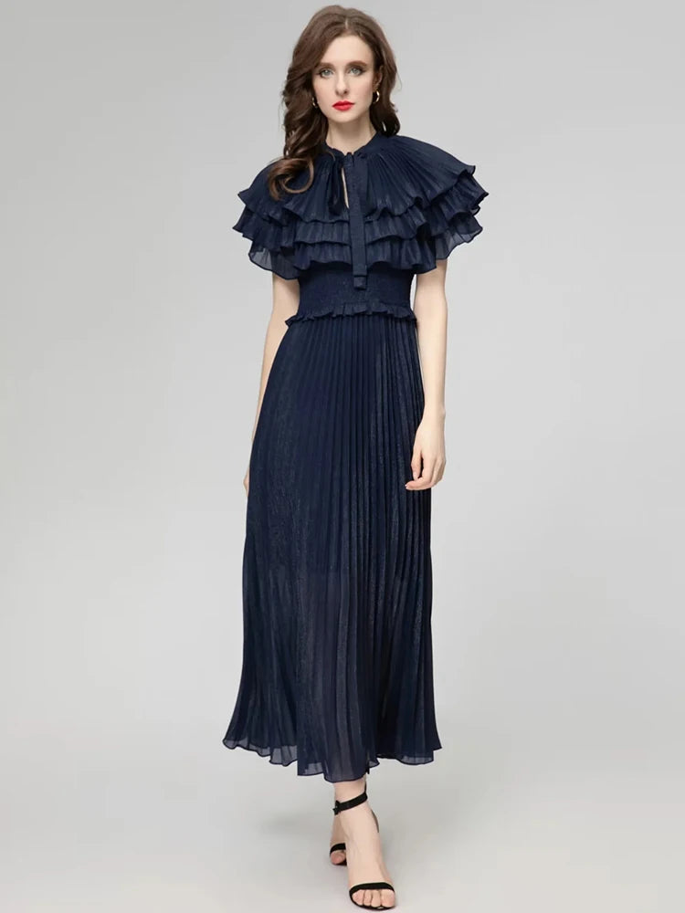 Caroline Lace-up Collar Butterfly Sleeve Elastic Waist Vintage Party Long Dress