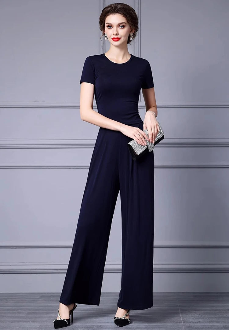 Lilybeth Summer Short Sleeve High-End Slim Tops+Wide Leg Pants  Two Piece Set