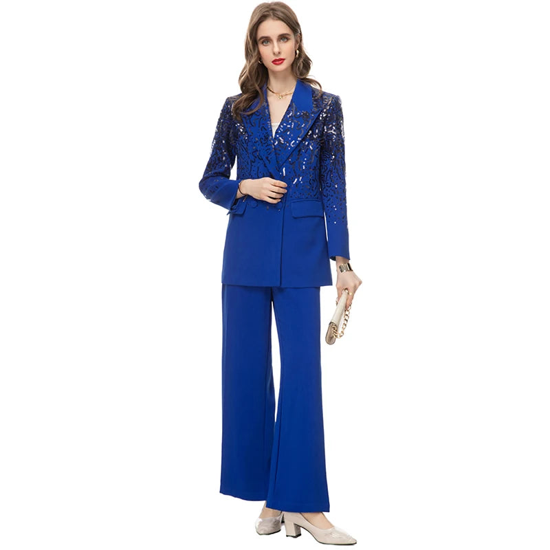 Delola Office Lady Suit Collar Long-Sleeved Sequin Suit Jacket+Wide Leg Pants 2-Piece Set