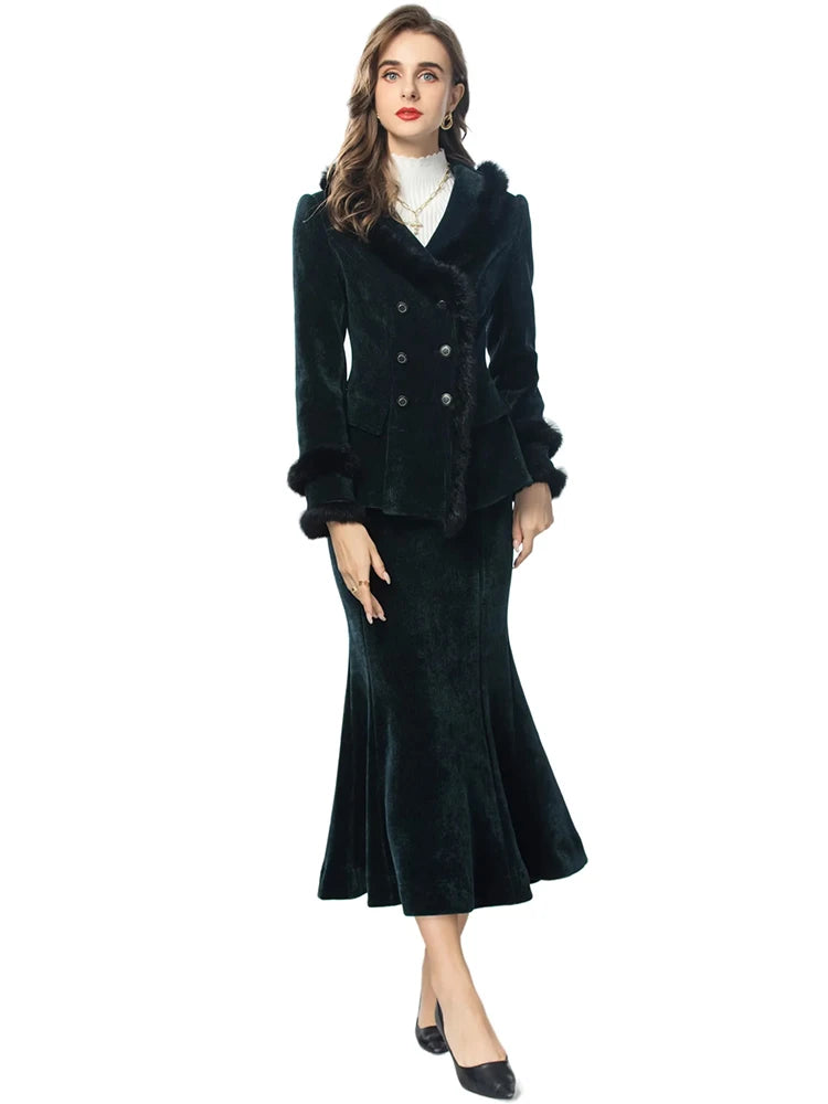 Makenzie Double Breasted Jacket +  Mermaid Skirt Office Lady 2-Piece Velvet Set