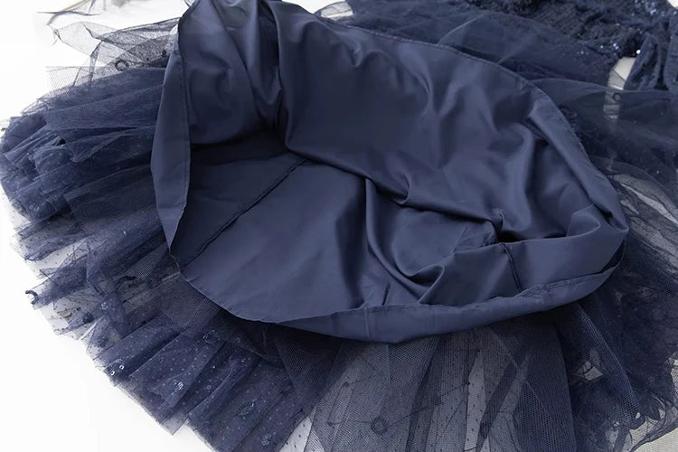 فستان ماكسي شبكي من Tehila للنساء برقبة دائرية وأكمام واسعة مزين بالترتر وكشكشة عتيقة للحفلات