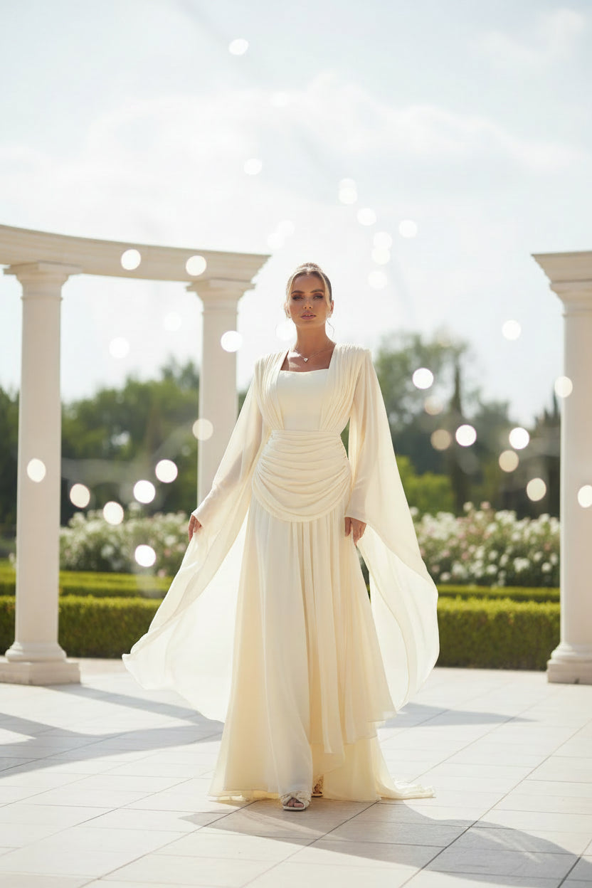 Abby Baby Yellow Satin Evening Dress Square Collar Full Sleeves A Line Prom Gown