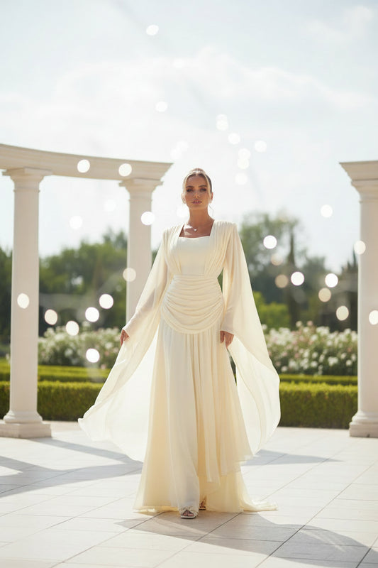 Abby Baby Yellow Satin Evening Dress Square Collar Full Sleeves A Line Prom Gown