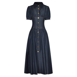 Vita Turn-down Collar Short Sleeve Breasted Slim Vintage Dress