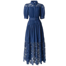 Load image into Gallery viewer, Cielo Turn-down Collar Short Sleeve Hollow Out Belt Vintage Party Single Breasted Dress