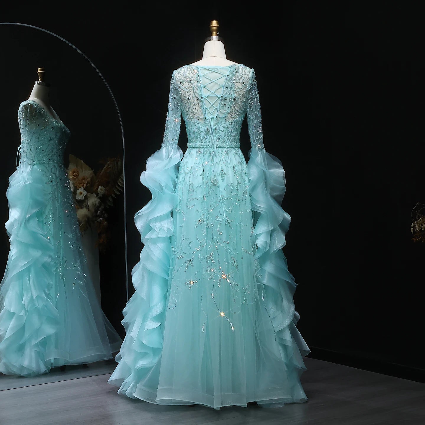 Althea Aqua Luxury Long Sleeve Evening Dress Arabic Beaded Ruffles Gown