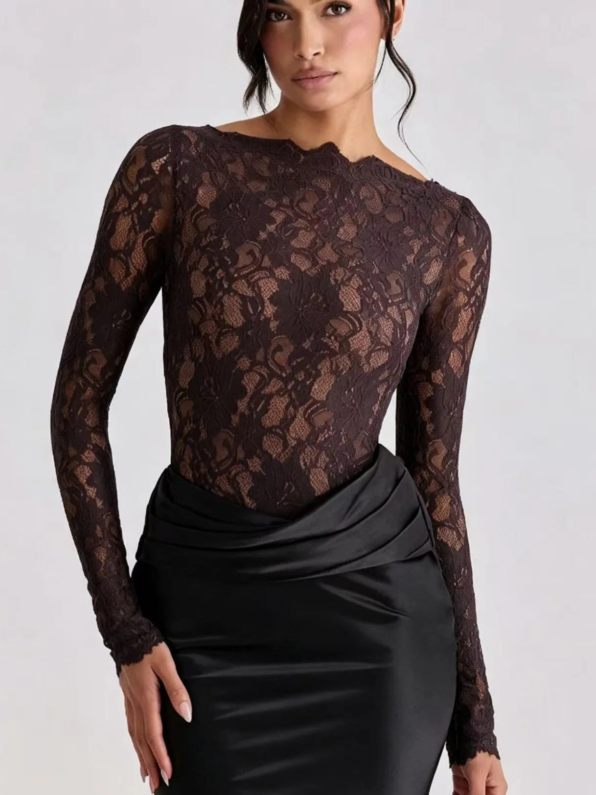 Ora Elegant Splice Fish-tail Skirt Bodycon Long Dress Fashion Lace Hollow Out Full Sleeve Maxi Dress