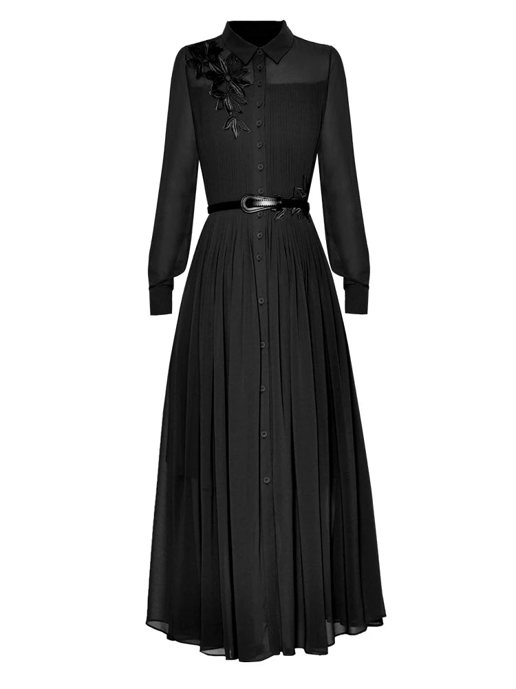 Rayleigh Vintage Pleated Embroidery High Waist Slim Long Dress