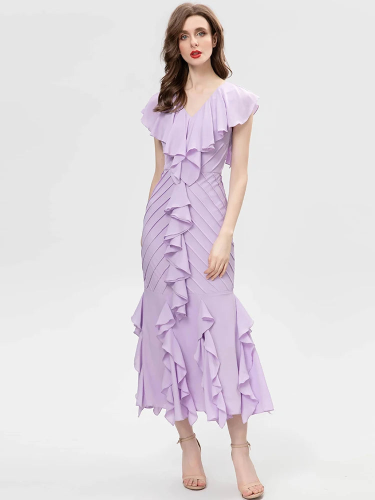 Belen V-Neck Butterfly Sleeve Folds Ruffles HighWaiste Elegant Party Long Dress