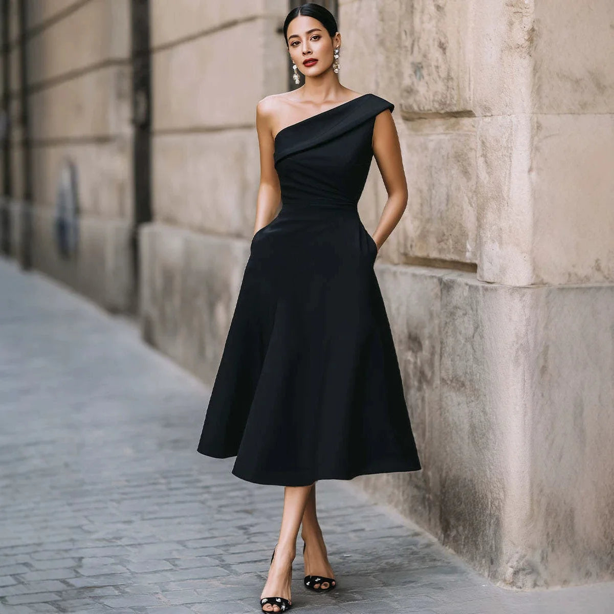 Wenny Off-shoulder Solid Color High Waist Slimming Simple Temperament A-line Skirt