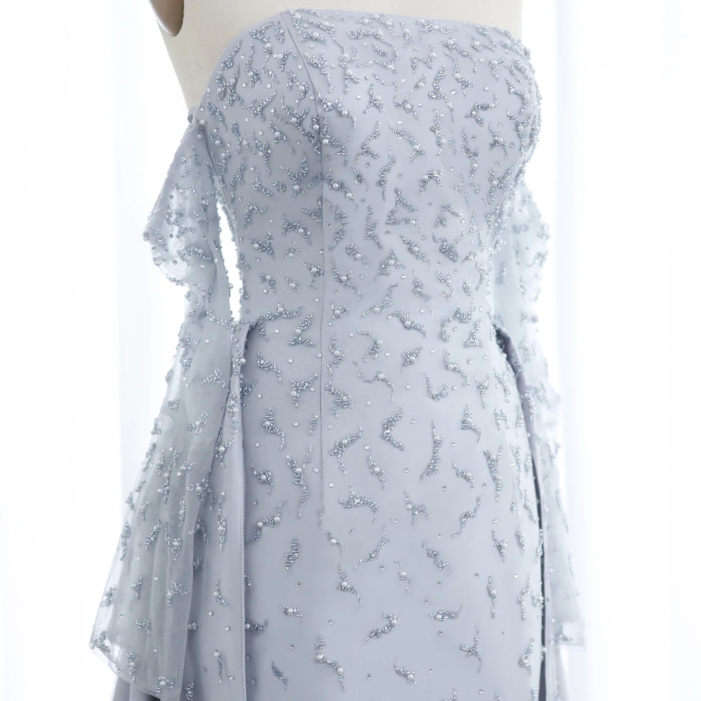 Kira Silver Gray Luxury Dubai Evening Dress with Overskirt Sleeves