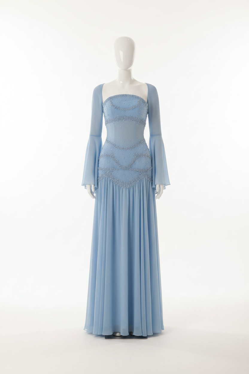 Olla Blue Luxury Beadings Chiffon Prom Dress Square Collar Full Sleeveles Dress