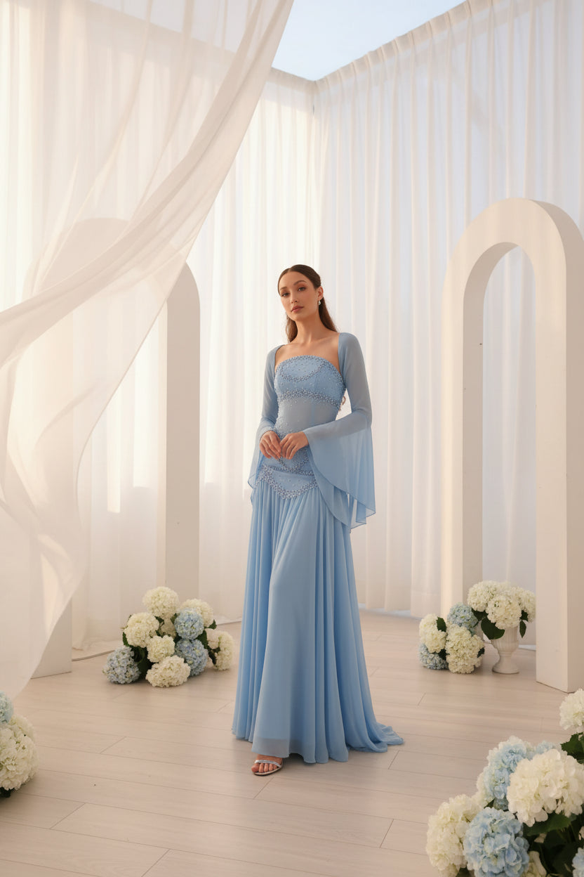 Olla Blue Luxury Beadings Chiffon Prom Dress Square Collar Full Sleeveles Dress