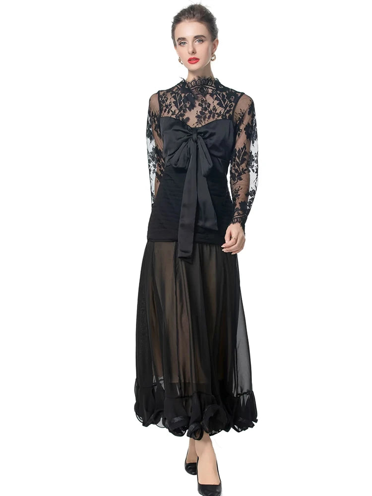 Vera Black Lace Patchwork Bow Vintage Dress