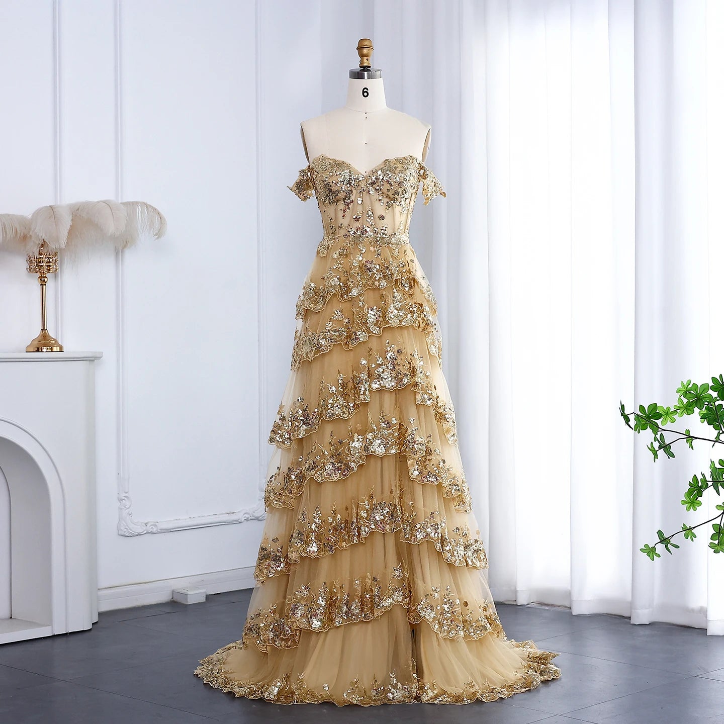Myla Stunning Gold Tiered Ruffles Corset Sheer Prom Dress