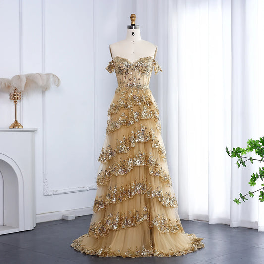 Myla Stunning Gold Tiered Ruffles Corset Sheer Prom Dress