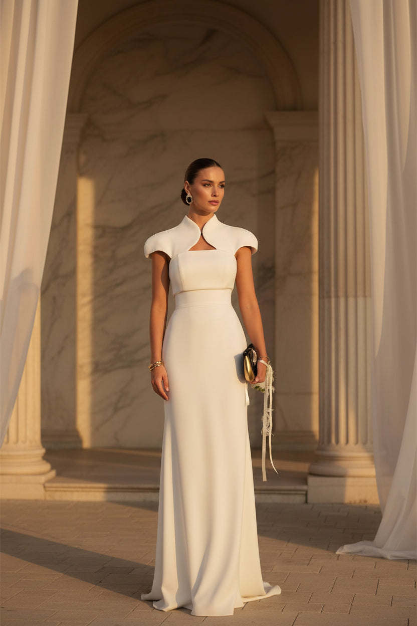 Nicole Elegant Mermaid Evening Dress Cap Sleeves Bodycon Satin Formal Dress
