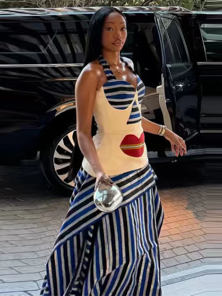 Striped Halter Corset Top Maxi Skirt Two Piece Set