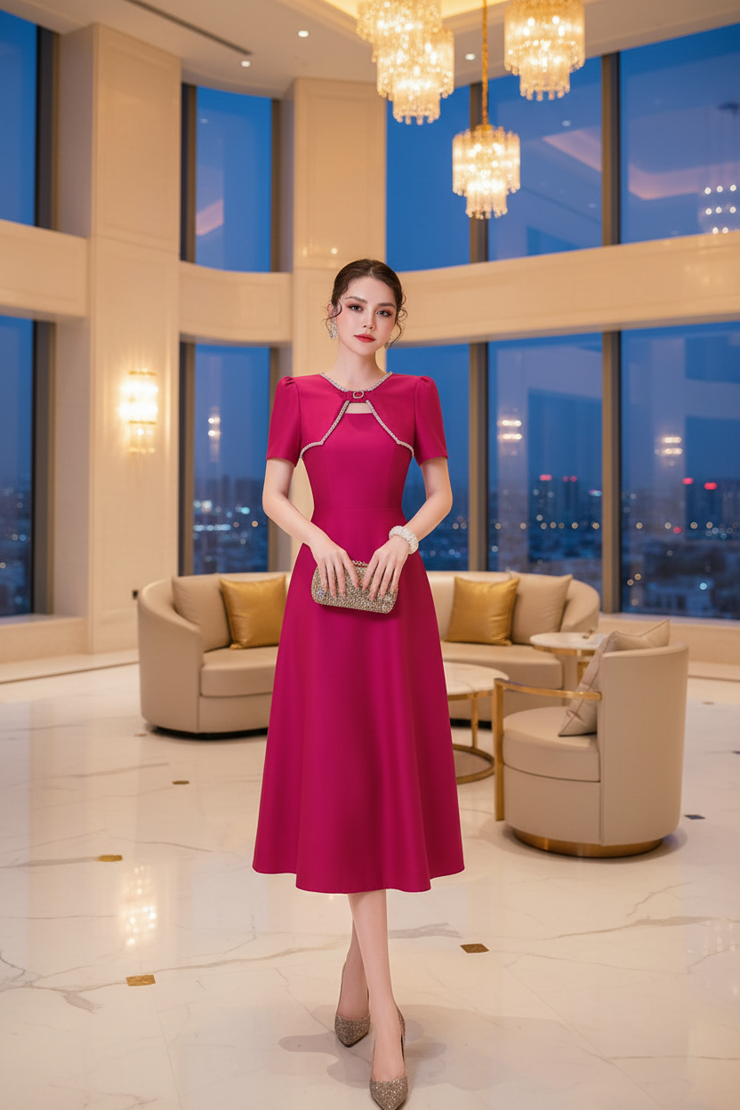 Tara O-Neck Short Sleeve Diamond Dress