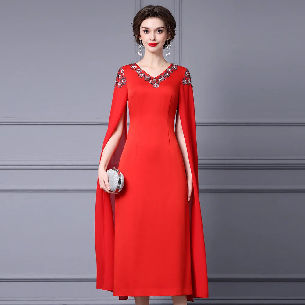 Paris Embroidered Flares Solid Red Temperament Office Lady Pencil Dress
