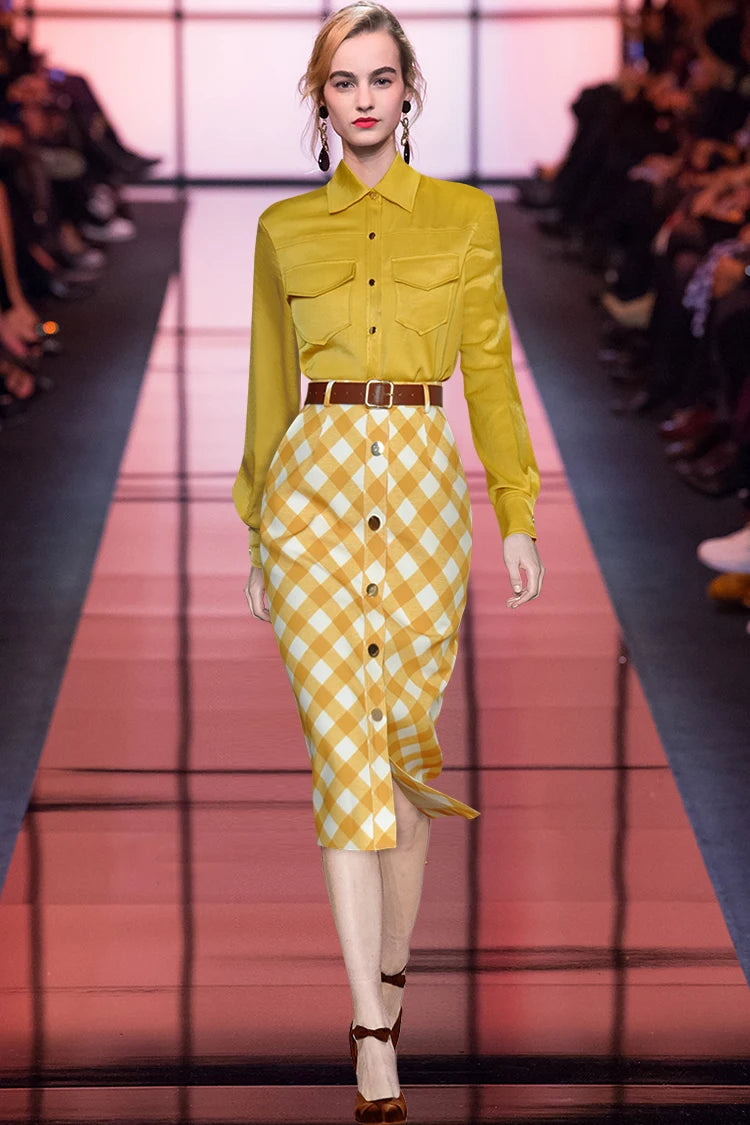 Rylie Röcke Anzug Frauen Drehen-unten Kragen Gelb Hemd + Schmal Schärpen Plaid Röcke Zwei Stücke Set