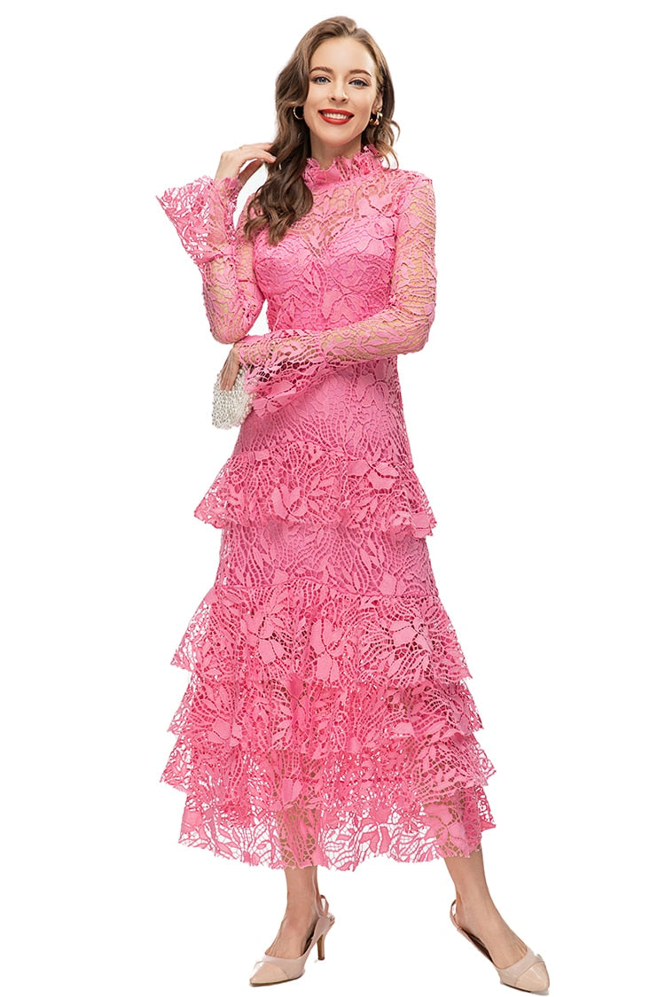 Ivy Pink Vintage  Long Sleeve Cascading Ruffle Hollow Out Midi Dress