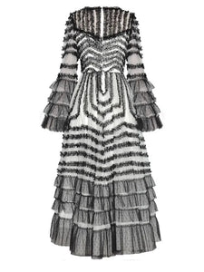 Kiana Dot Mesh Dress Women O-Neck Flare Sleeve Ruffle Vintage Party Contrasting Colors Long Dress