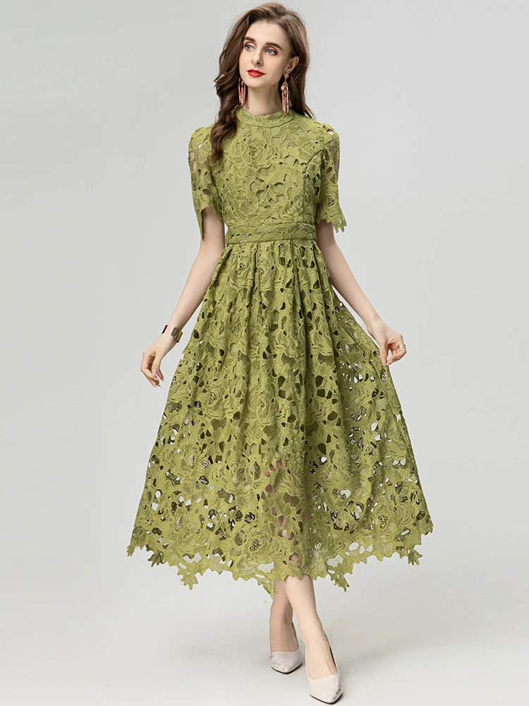 Asha  Stand Collar Short Sleeve Hollow Out Water-Soluble Flower Dress