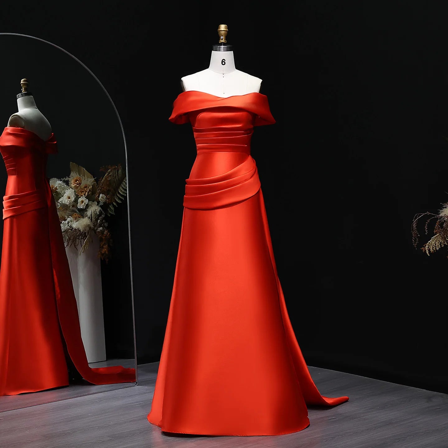 Marivic Elegant Off Shoulder Evening Dress with Train Pleats