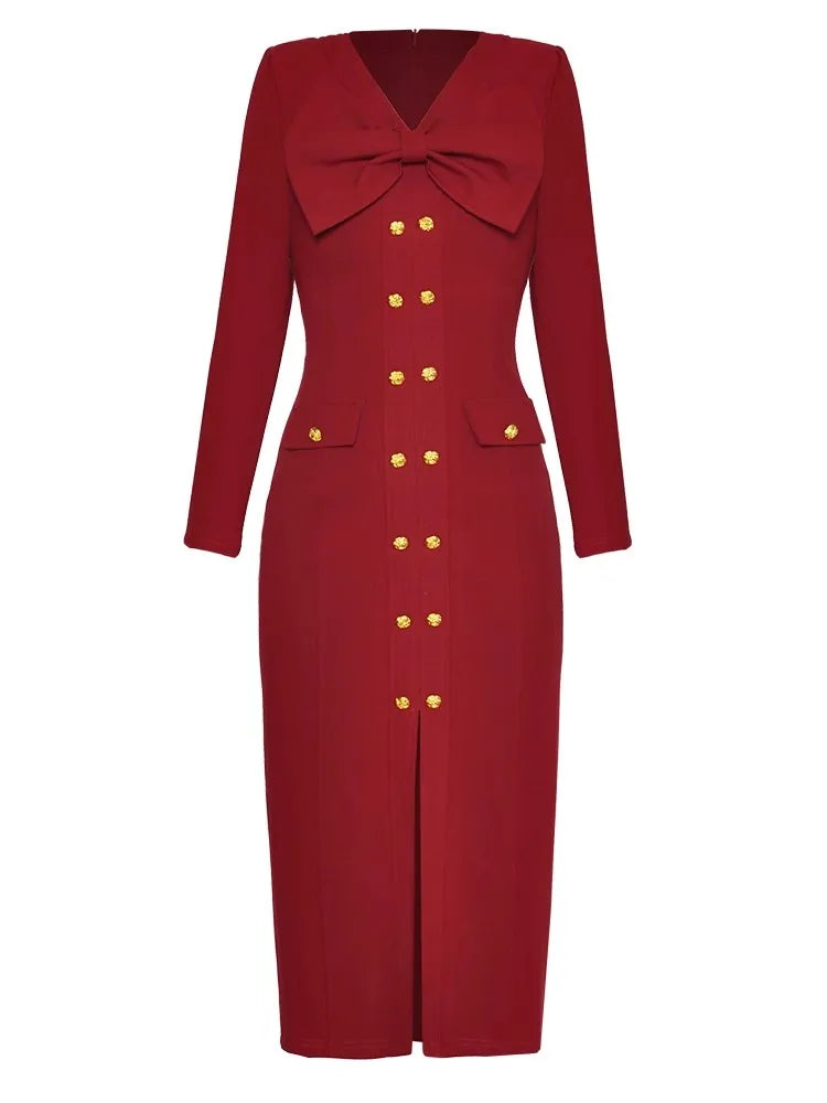 Dallas Autumn Bow V-Neck Long Sleeve Double Breasted Vintage Pencil Dress