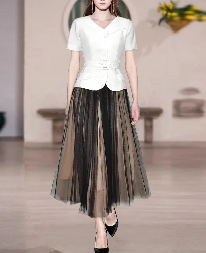 May V-Neck Short Sleeve Sashes Tops + Mesh Long Skirt Office Lady 2-Piece Set