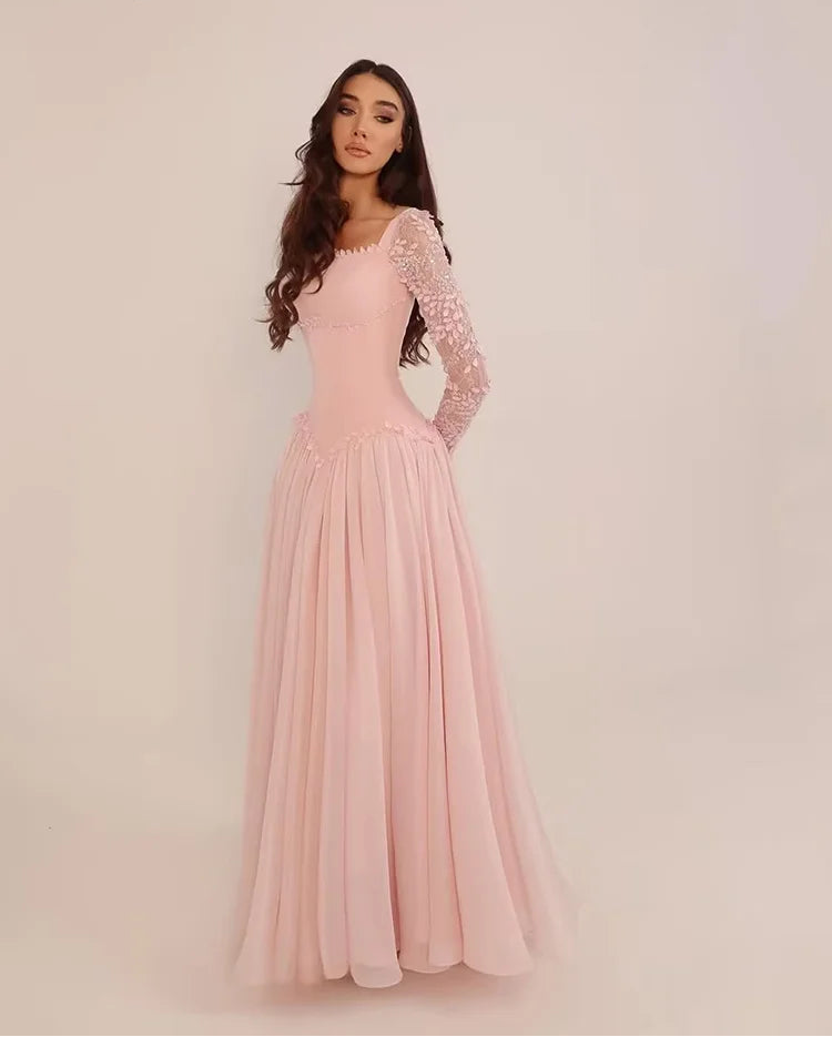Rainchel Pink Beads Prom Gown O Neck Full Sleeves A Line Evening Dress