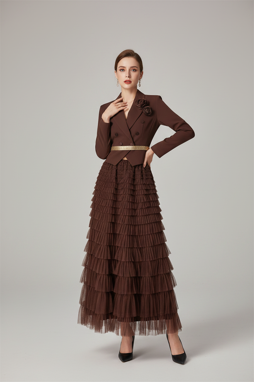 Magnolia Long Sleeves Appliques Tops  + Elastic Waist Ruffles Mesh Long Skirt 2 Piece Set