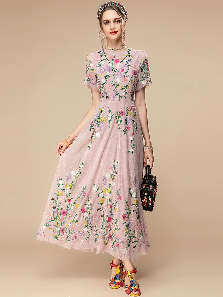 Sylvie Pink Mesh Flowers Embroidery Vintage Party Long Dress