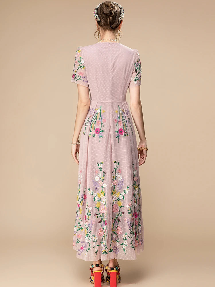 Sylvie Pink Mesh Flowers Embroidery Vintage Party Long Dress