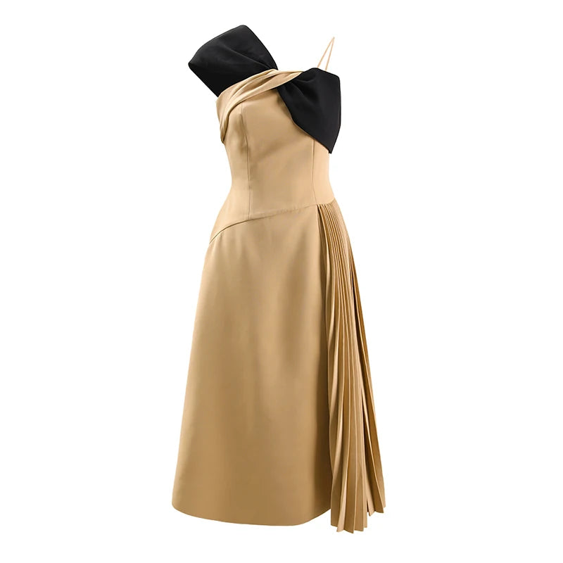 Sarah Irregular Spliced  Kink Backless Slash Neck Pleated Elegant High Waist Dress