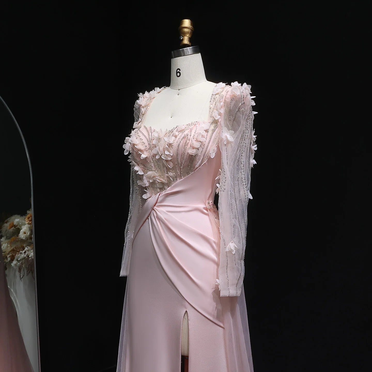 Prescila Pink Long Sleeves Mermaid With Slit 3D Flowers Evening Dress