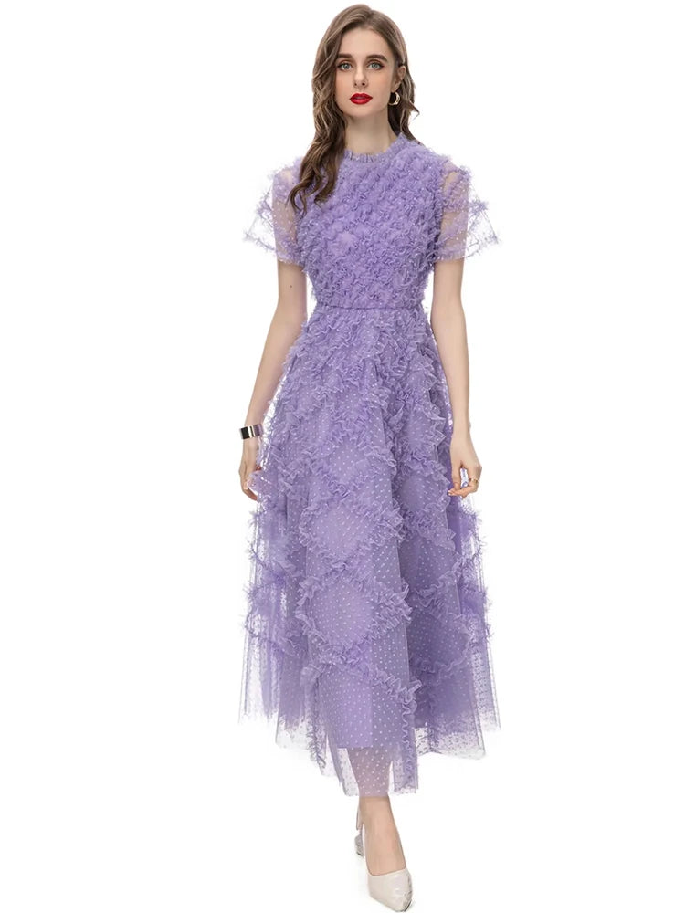 Wrenlee O-Neck Short Sleeve Ruffles High Waist Vintage Party Long Dress
