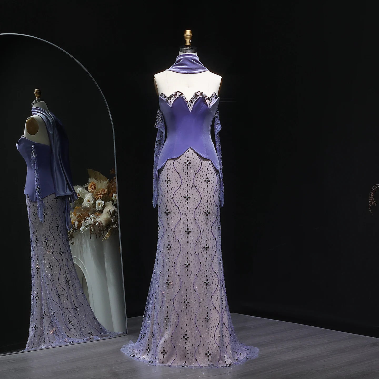 Hazel Two Pieces Purple Velvet Mermaid Evening Dress with Gloves Scarf