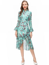 Load image into Gallery viewer, Monroe Stand Collar Flare Sleeve Ruffle Flower Print Vintage Dress