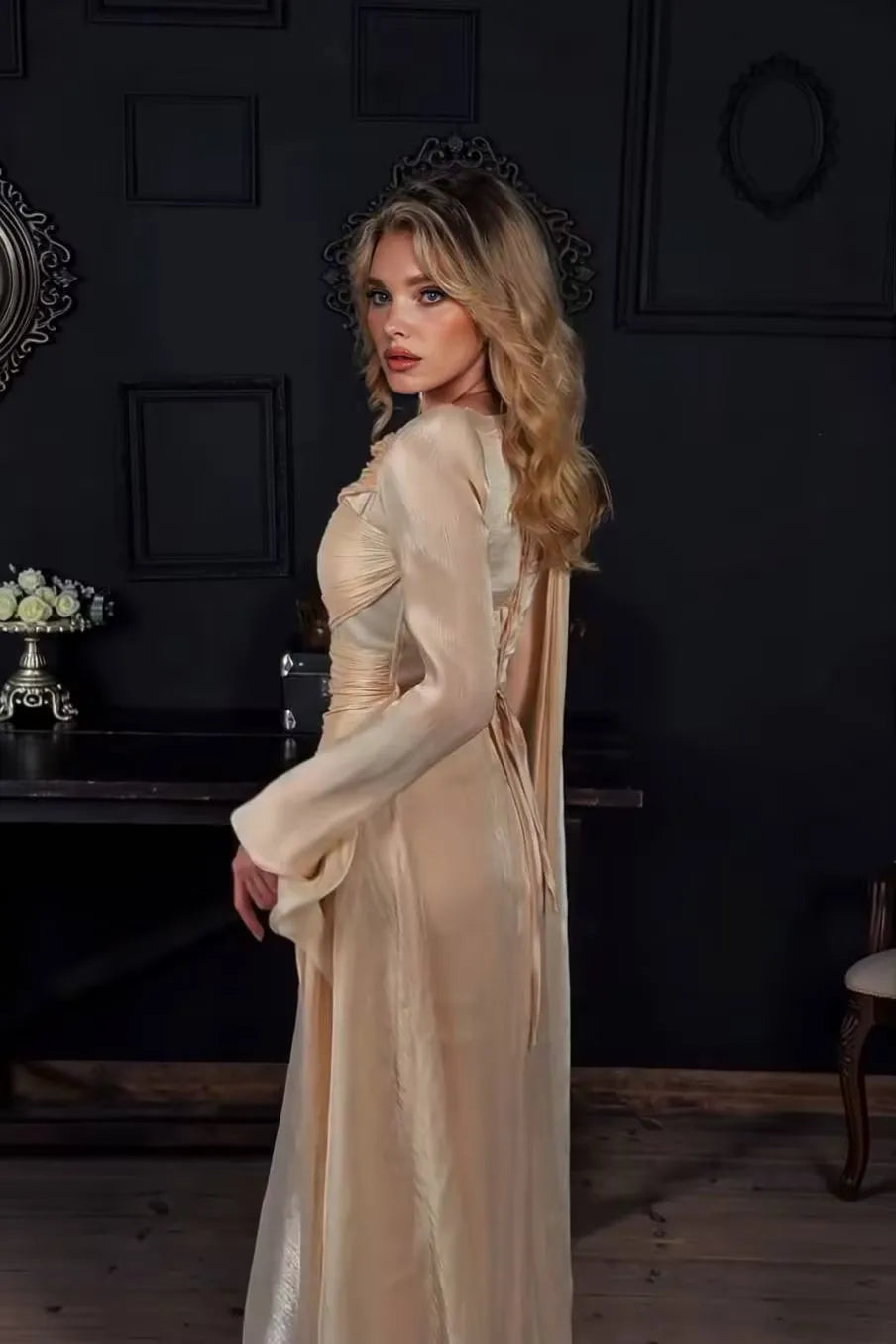 Voila Light Blue Shiny Satin Evening Dress Shawl Elegant Prom Dress